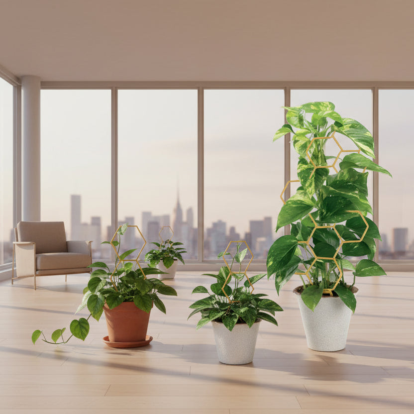 Before and after comparison of a potted plant with a trellis frame.