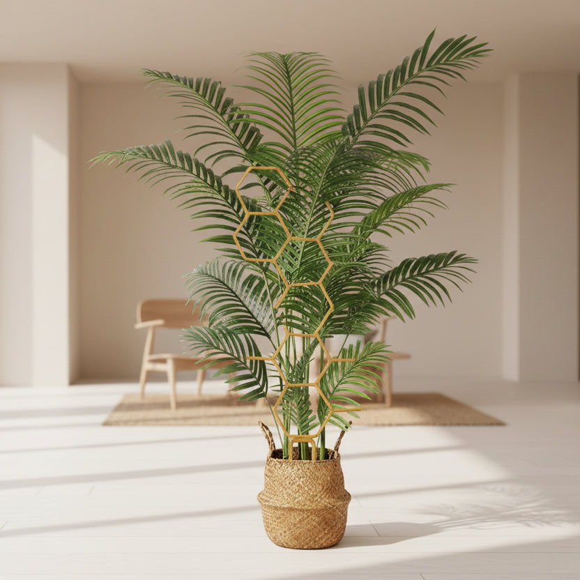 Potted plant with a decorative gold hexagonal plant stand on a white background