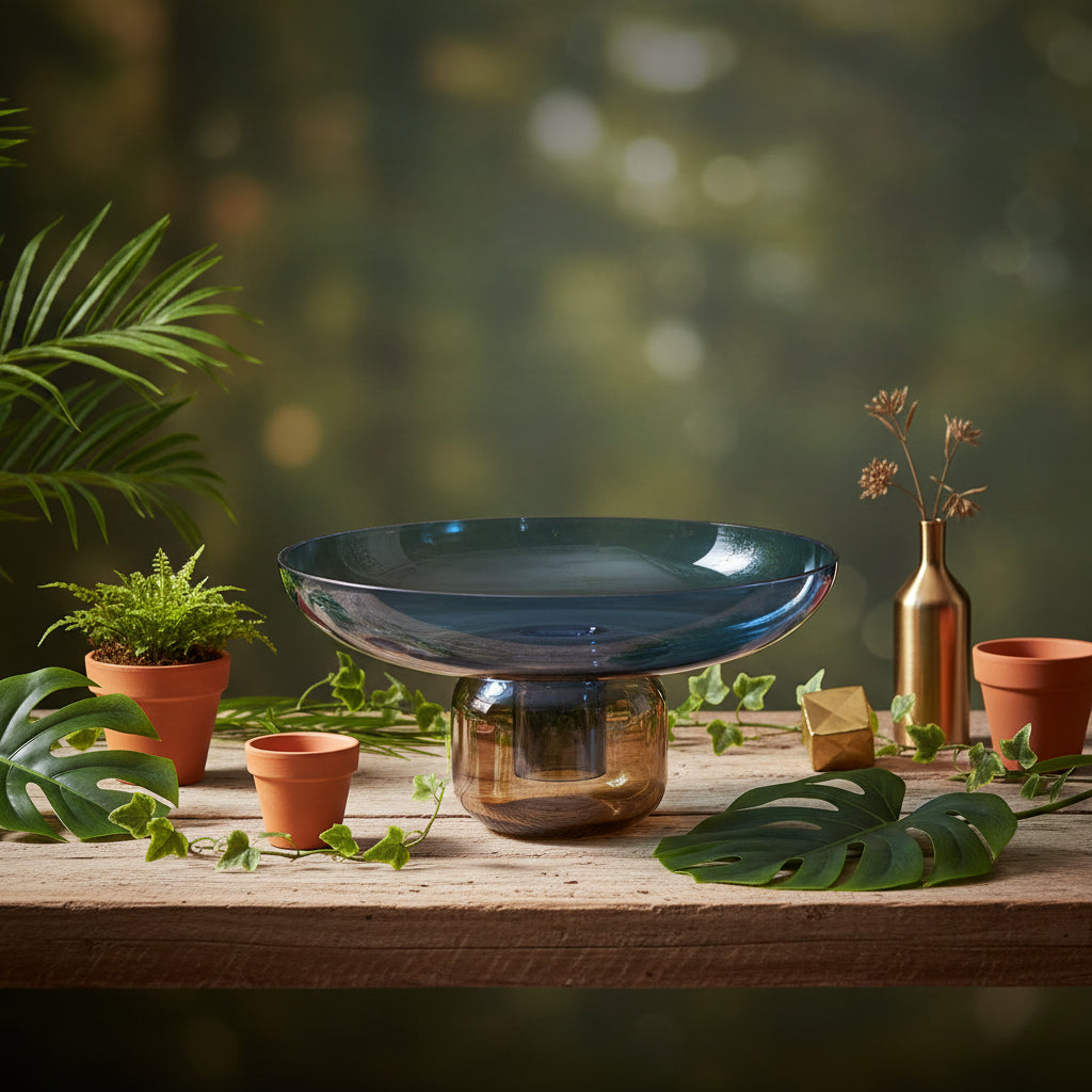 Glass bowl with blue top and brown base on a reflective surface