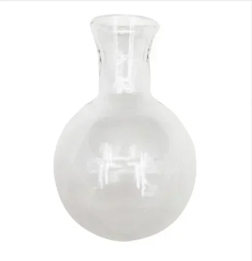 Clear glass round-bottom flask on a white background