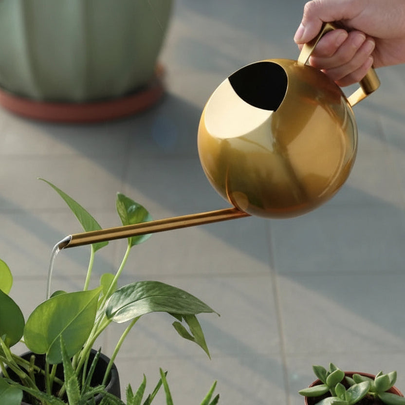 Gold garden watering can being used to water plants on a wooden surface.