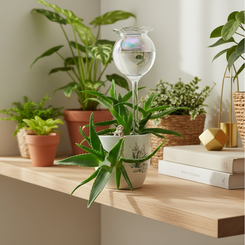 Potted aloe vera plant with a decorative glass vase on a beige background