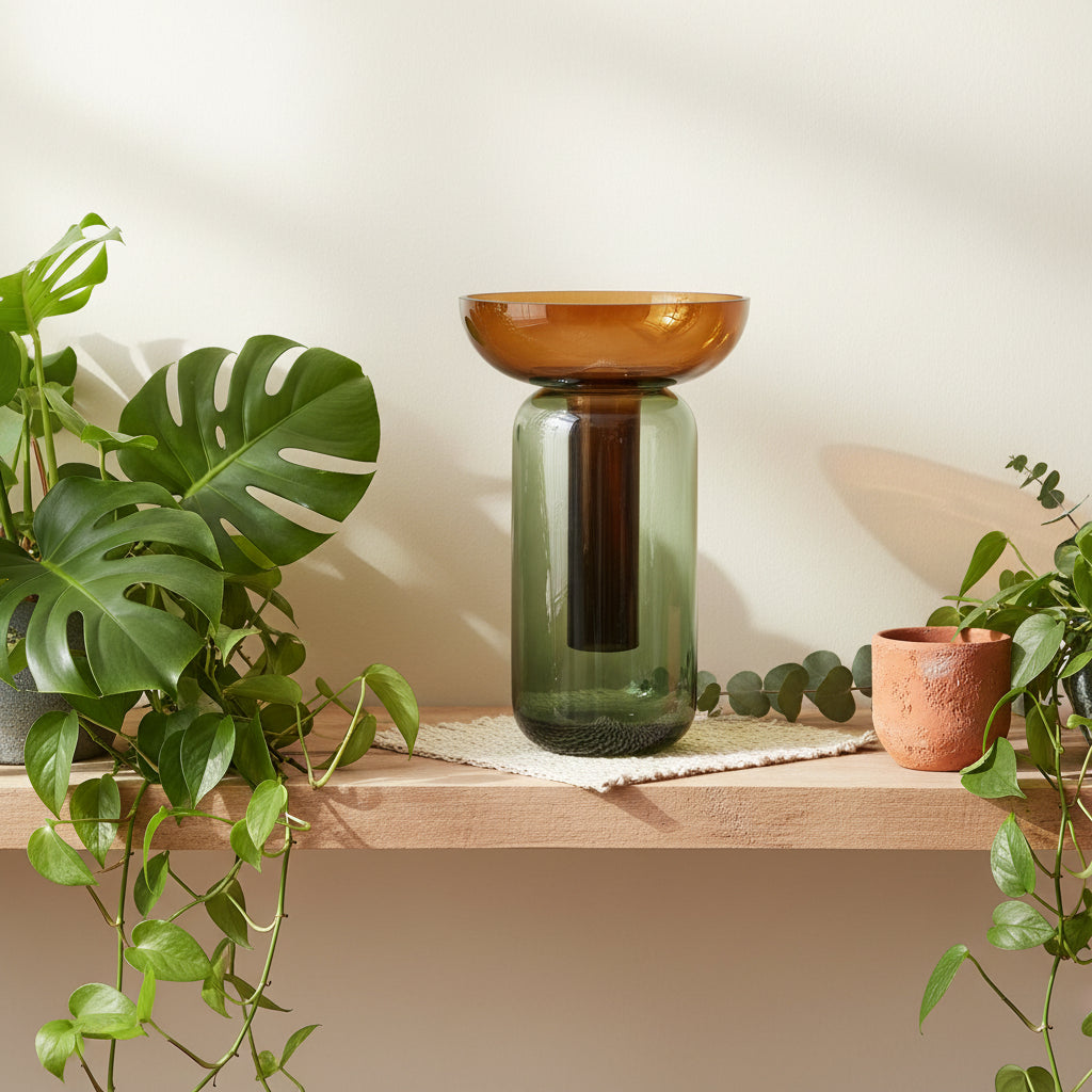 Glass vase with gradient color from amber to green on a reflective surface.