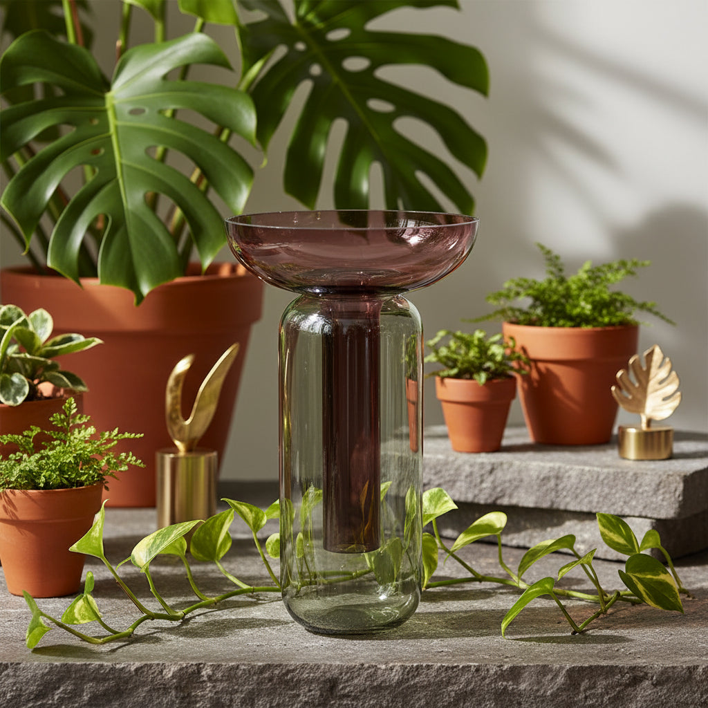 Glass vase with gradient color from red to clear on a reflective surface