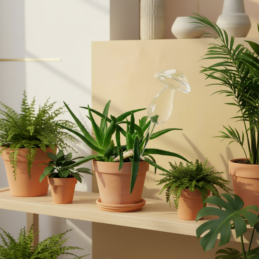 Clear glass plant watering device with green plant leaves on a beige background
