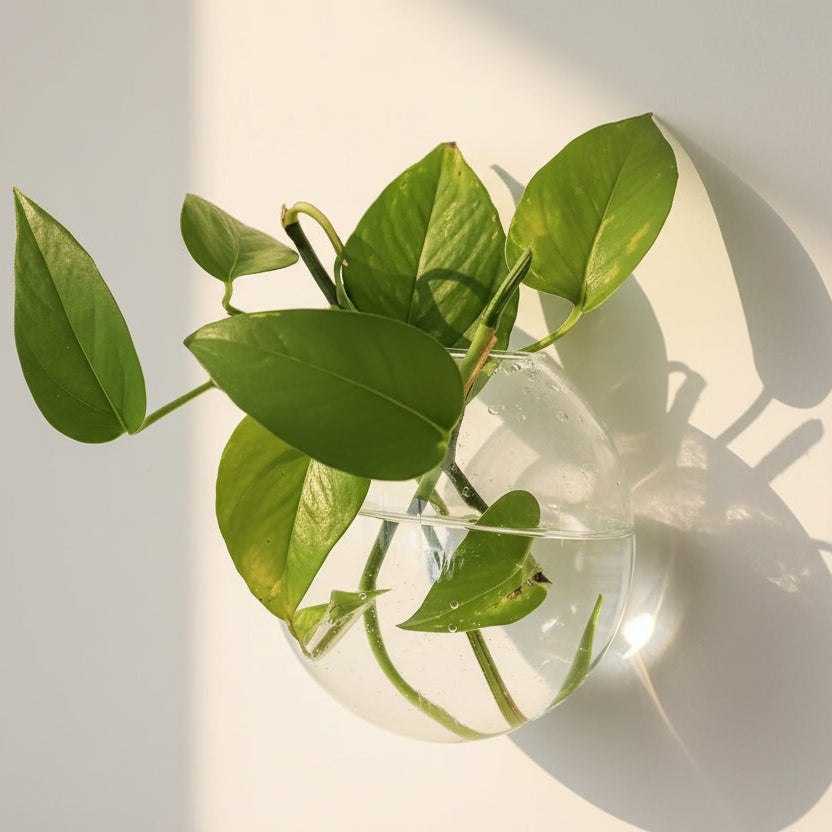Clear wall-mounted vase with green leaves on a textured white wall