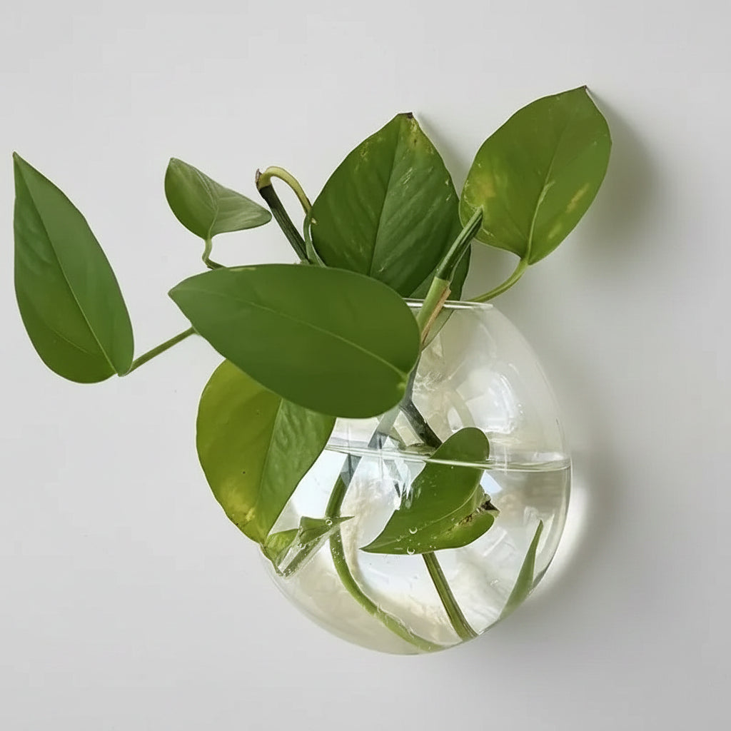 Clear wall-mounted vase with green leaves on a textured white wall