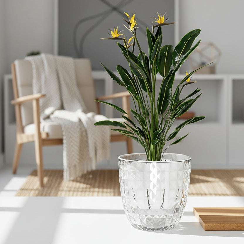 Potted plant in a clear glass container on a desk with a blurred office background