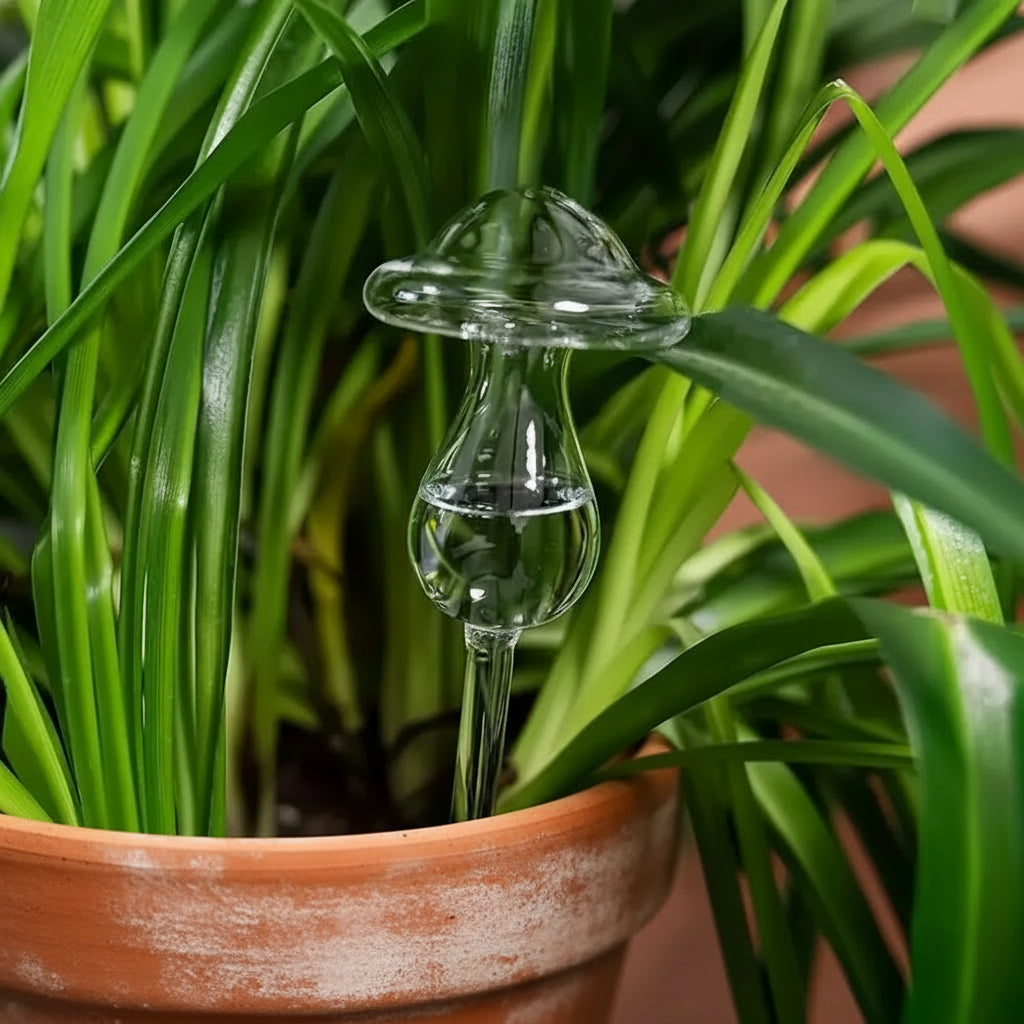 Clear glass plant water dropper in a pot of green plants