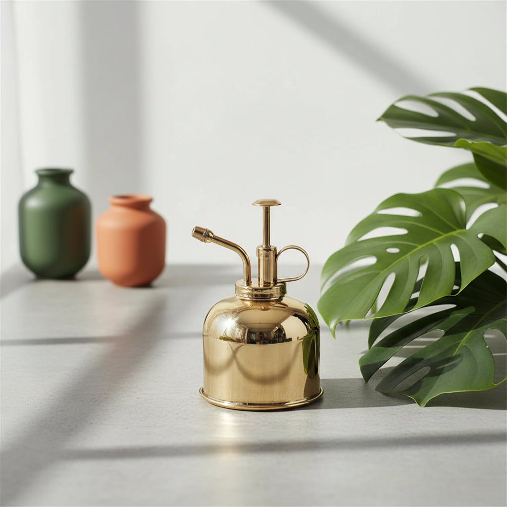 Hand using a gold watering can to water a potted plant on a gold tray.