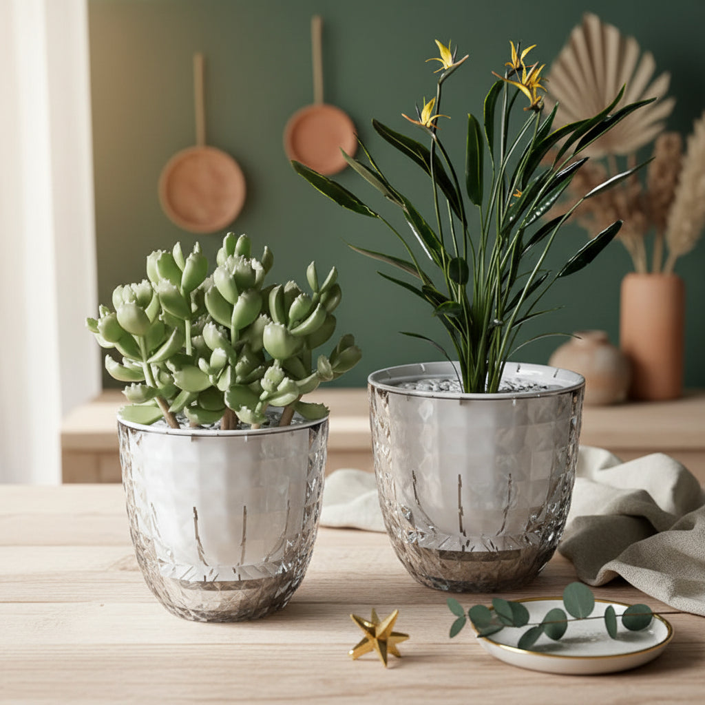 Two potted plants in decorative glass containers on a reflective surface with a blurred background.