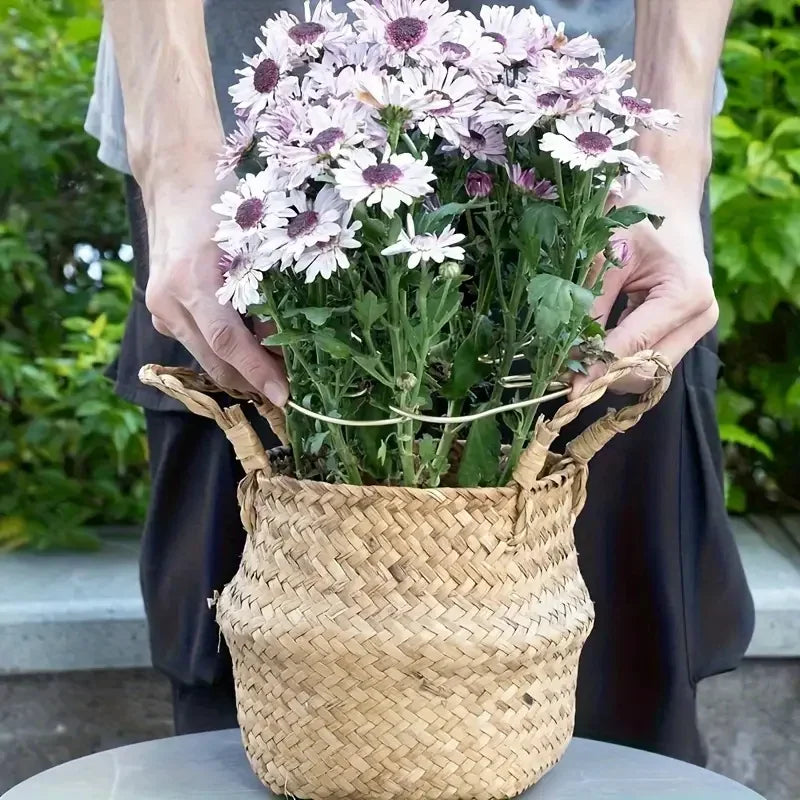 Person holding a woven basket with flowers against a blurred green background
