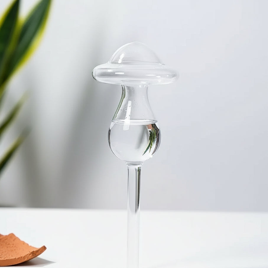 Clear plastic plant watering device next to a potted plant on a white background
