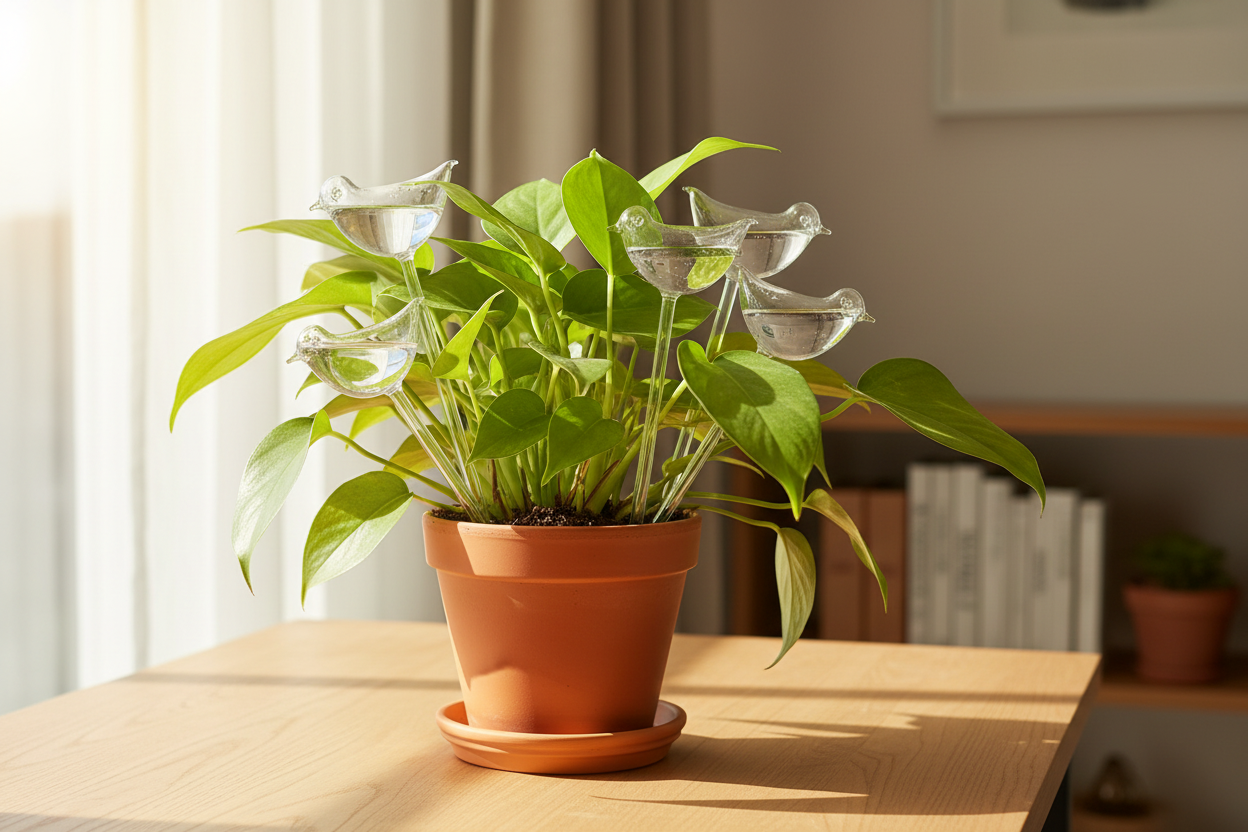 Lifestyle shot of 5 watering globes in potted plant