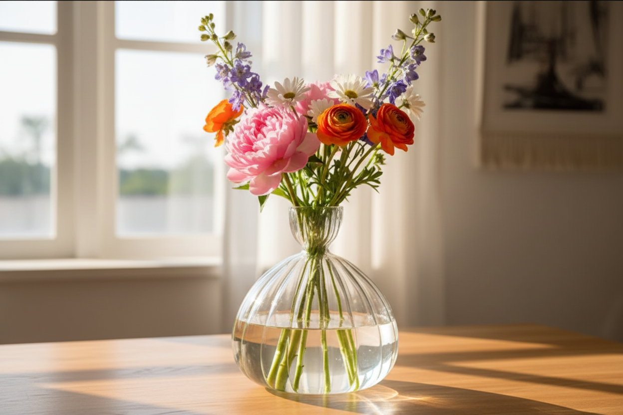 Lifestyle shot of ribbed glass vase with flowers