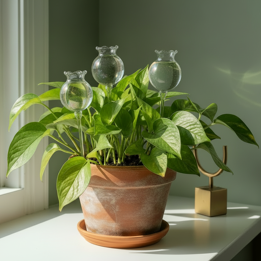 Three glass watering globes in a pothos plant on a windowsill