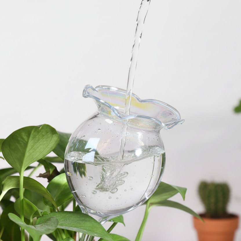 Water being poured into glass watering globe